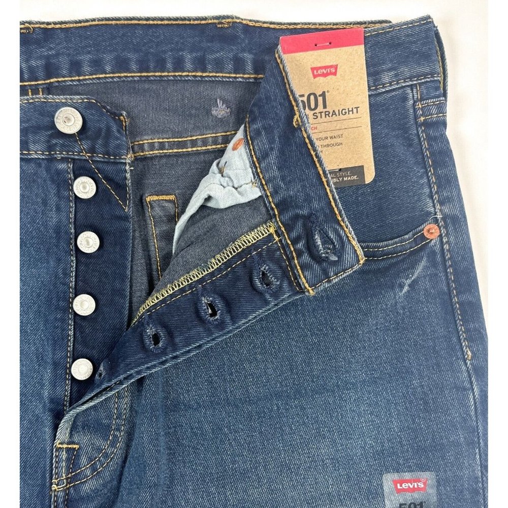 Levis 501 93 Mens 32x30 Straight Leg Dark Blue Jeans Button Fly Stretch Red Tab - Picture 5 of 11